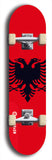 North American maple skateboard deck designed by underground artist BellyRash -- available in widths between 7.5 to 8.5 inches in both mellow concave and steep concave shapes. Artwork : 	Albania	flag skateboard deck