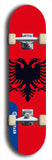 North American maple skateboard deck designed by underground artist BellyRash -- available in widths between 7.5 to 8.5 inches in both mellow concave and steep concave shapes. Artwork : 	Albania	flag skateboard deck