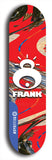 Limited edition, North American maple skateboard deck designed by underground artist BellyRash -- available in widths 7.5 to 8.5 inches in both mellow concave and steep concave shapes. Artwork: FRANK brand popsicle-shaped skateboard deck with large white FRANK logo on blue background