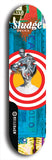 North American maple skateboard deck designed by underground artist BellyRash -- available in widths between 7.5 to 8.5 inches in both mellow concave and steep concave shapes. Artwork: street art and street artist and Sludge skateboard brand logo