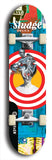 North American maple skateboard deck designed by underground artist BellyRash -- available in widths between 7.5 to 8.5 inches in both mellow concave and steep concave shapes. Artwork: street art and street artist and Sludge skateboard brand logo
