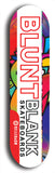 North American maple skateboard deck designed by underground artist BellyRash -- available in widths between 7.5 to 8.5 inches in both mellow concave and steep concave shapes. Artwork: street art and street artist and the BellyRash Blunt Blank skateboard deck logo