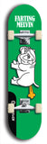Skateboard deck: Limited edition, North American maple skateboard deck designed by underground artist BellyRash - available widths 7.5 to 8.5 inches in both mellow concave and steep concave shapes. Artwork: FARTING MELVIN logo brand popsicle-shaped deck with farting bulldog on flat-colored background
