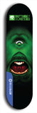 Skateboard deck: Limited edition, North American maple skateboard deck designed by underground artist BellyRash -- available in widths 7.5 to 8.5 inches in both mellow concave and steep concave shapes. Artwork: BUTTUGLY MONSTERS brand popsicle-shaped skateboard deck with monster in background.