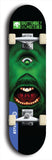 Skateboard deck: Limited edition, North American maple skateboard deck designed by underground artist BellyRash -- available in widths 7.5 to 8.5 inches in both mellow concave and steep concave shapes. Artwork: BUTTUGLY MONSTERS brand popsicle-shaped skateboard deck with monster in background.