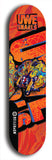 Limited edition, North American maple skateboard deck designed by underground artist BellyRash -- available in widths 7.5 to 8.5 inches in both mellow concave and steep concave shapes. Artwork: UWE KARL SNARLS brand popsicle-shaped skateboard deck with swirly monster, giant UWE KARL logo and an orange background