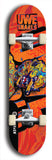 Limited edition, North American maple skateboard deck designed by underground artist BellyRash -- available in widths 7.5 to 8.5 inches in both mellow concave and steep concave shapes. Artwork: UWE KARL SNARLS brand popsicle-shaped skateboard deck with swirly monster, giant UWE KARL logo and an orange background