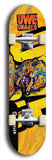 Limited edition, North American maple skateboard deck designed by underground artist BellyRash -- available in widths 7.5 to 8.5 inches in both mellow concave and steep concave shapes. Artwork: UWE KARL SNARLS brand popsicle-shaped skateboard deck with swirly monster, giant UWE KARL logo and a swirly yellow background