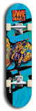 Limited edition, North American maple skateboard deck designed by underground artist BellyRash -- available in widths 7.5 to 8.5 inches in both mellow concave and steep concave shapes. Artwork: UWE KARL SNARLS brand popsicle-shaped skateboard deck with swirly monster, giant UWE KARL logo and a blue background