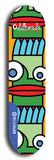 Skateboard deck: Limited edition, North American maple skateboard deck designed by underground artist BellyRash -- available in widths 7.5 to 8.5 inches in both mellow concave and steep concave shapes. Artwork: Oddheads brand popsicle-shaped skateboard deck with cartoon head on dark background.