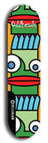 Skateboard deck: Limited edition, North American maple skateboard deck designed by underground artist BellyRash -- available in widths 7.5 to 8.5 inches in both mellow concave and steep concave shapes. Artwork: Oddheads brand popsicle-shaped skateboard deck with cartoon head on dark background.