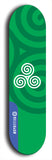 Skateboard deck: Limited edition, North American maple skateboard deck designed by underground artist BellyRash - available widths 7.5 to 8.5 inches in both mellow concave and steep concave shapes. Artwork: popsicle-shaped deck with green background and large Celtic symbol in the middle of the deck