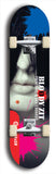 Skateboard deck: Limited edition, North American maple skateboard deck designed by underground artist BellyRash - available widths 7.5 to 8.5 inches in both mellow concave and steep concave shapes. Artwork: BLOODY ZIT logo brand popsicle-shaped deck with mannequin face with black hair and bloody zit on chin