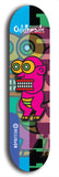 Skateboard deck: Limited edition, North American maple skateboard deck designed by underground artist BellyRash -- available in widths 7.5 to 8.5 inches in both mellow concave and steep concave shapes. Artwork: Oddheads brand popsicle-shaped skateboard deck with cartoon head on dark background.