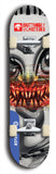Skateboard deck: Limited edition, North American maple skateboard deck designed by underground artist BellyRash -- available in widths 7.5 to 8.5 inches in both mellow concave and steep concave shapes. Artwork: BUTTUGLY MONSTERS brand popsicle-shaped skateboard deck with monster in background.
