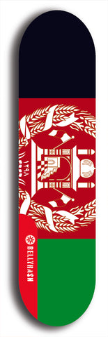 North American maple skateboard deck designed by underground artist BellyRash -- available in widths between 7.5 to 8.5 inches in both mellow concave and steep concave shapes. Artwork : 	Afghanistan	flag skateboard deck																				