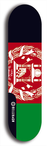 North American maple skateboard deck designed by underground artist BellyRash -- available in widths between 7.5 to 8.5 inches in both mellow concave and steep concave shapes. Artwork : 	Afghanistan	flag skateboard deck																				North American maple skateboard deck designed by underground artist BellyRash -- available in widths between 7.5 to 8.5 inches in both mellow concave and steep concave shapes. Artwork : 	Afghanistan	flag skateboard deck	