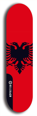 North American maple skateboard deck designed by underground artist BellyRash -- available in widths between 7.5 to 8.5 inches in both mellow concave and steep concave shapes. Artwork : 	Albania	flag skateboard deck																				