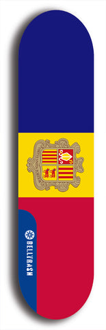 North American maple skateboard deck designed by underground artist BellyRash -- available in widths between 7.5 to 8.5 inches in both mellow concave and steep concave shapes. Artwork : 	Andorra	flag skateboard deck																				