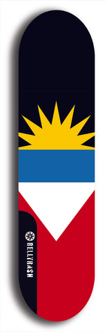 North American maple skateboard deck designed by underground artist BellyRash -- available in widths between 7.5 to 8.5 inches in both mellow concave and steep concave shapes. Artwork : 	Antigua and Barbuda	flag skateboard deck																				