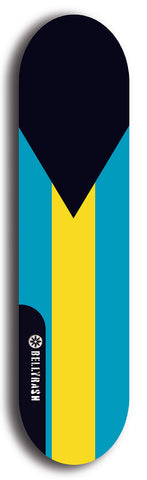 North American maple skateboard deck designed by underground artist BellyRash -- available in widths between 7.5 to 8.5 inches in both mellow concave and steep concave shapes. Artwork : 	Bahamas	flag skateboard deck																				