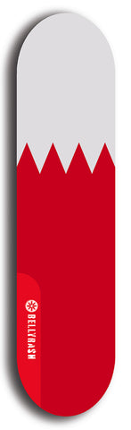 North American maple skateboard deck designed by underground artist BellyRash -- available in widths between 7.5 to 8.5 inches in both mellow concave and steep concave shapes. Artwork : 	Bahrain	flag skateboard deck																				