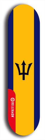 North American maple skateboard deck designed by underground artist BellyRash -- available in widths between 7.5 to 8.5 inches in both mellow concave and steep concave shapes. Artwork : 	Barbados	flag skateboard deck																				