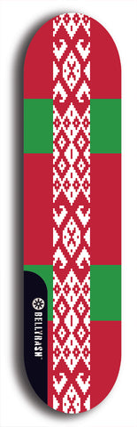 North American maple skateboard deck designed by underground artist BellyRash -- available in widths between 7.5 to 8.5 inches in both mellow concave and steep concave shapes. Artwork : 	Belarus	flag skateboard deck																				