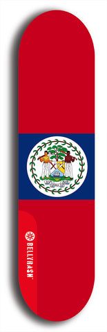 North American maple skateboard deck designed by underground artist BellyRash -- available in widths between 7.5 to 8.5 inches in both mellow concave and steep concave shapes. Artwork : 	Belize	flag skateboard deck																				