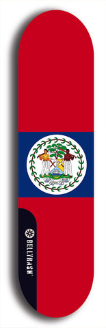 North American maple skateboard deck designed by underground artist BellyRash -- available in widths between 7.5 to 8.5 inches in both mellow concave and steep concave shapes. Artwork : 	Belize	flag skateboard deck																				
