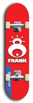 Limited edition, North American maple skateboard deck designed by underground artist BellyRash -- available in widths 7.5 to 8.5 inches in both mellow concave and steep concave shapes. Artwork: FRANK brand popsicle-shaped skateboard deck with large white FRANK logo on blue background