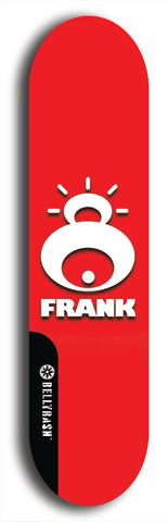 Limited edition, North American maple skateboard deck designed by underground artist BellyRash -- available in widths 7.5 to 8.5 inches in both mellow concave and steep concave shapes. Artwork: FRANK brand popsicle-shaped skateboard deck with large white FRANK logo on blue background