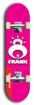 Limited edition, North American maple skateboard deck designed by underground artist BellyRash -- available in widths 7.5 to 8.5 inches in both mellow concave and steep concave shapes. Artwork: FRANK brand popsicle-shaped skateboard deck with large white FRANK logo on blue background