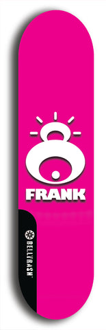 Limited edition, North American maple skateboard deck designed by underground artist BellyRash -- available in widths 7.5 to 8.5 inches in both mellow concave and steep concave shapes. Artwork: FRANK brand popsicle-shaped skateboard deck with large white FRANK logo on blue background