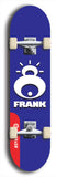 Limited edition, North American maple skateboard deck designed by underground artist BellyRash -- available in widths 7.5 to 8.5 inches in both mellow concave and steep concave shapes. Artwork: FRANK brand popsicle-shaped skateboard deck with large white FRANK logo on blue background