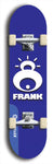 Limited edition, North American maple skateboard deck designed by underground artist BellyRash -- available in widths 7.5 to 8.5 inches in both mellow concave and steep concave shapes. Artwork: FRANK brand popsicle-shaped skateboard deck with large white FRANK logo on blue background