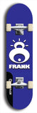 Limited edition, North American maple skateboard deck designed by underground artist BellyRash -- available in widths 7.5 to 8.5 inches in both mellow concave and steep concave shapes. Artwork: FRANK brand popsicle-shaped skateboard deck with large white FRANK logo on blue background