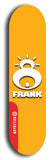 Limited edition, North American maple skateboard deck designed by underground artist BellyRash -- available in widths 7.5 to 8.5 inches in both mellow concave and steep concave shapes. Artwork: FRANK brand popsicle-shaped skateboard deck with large white FRANK logo on blue background