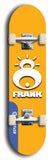 Limited edition, North American maple skateboard deck designed by underground artist BellyRash -- available in widths 7.5 to 8.5 inches in both mellow concave and steep concave shapes. Artwork: FRANK brand popsicle-shaped skateboard deck with large white FRANK logo on blue background