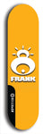 Limited edition, North American maple skateboard deck designed by underground artist BellyRash -- available in widths 7.5 to 8.5 inches in both mellow concave and steep concave shapes. Artwork: FRANK brand popsicle-shaped skateboard deck with large white FRANK logo on blue background