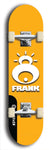 Limited edition, North American maple skateboard deck designed by underground artist BellyRash -- available in widths 7.5 to 8.5 inches in both mellow concave and steep concave shapes. Artwork: FRANK brand popsicle-shaped skateboard deck with large white FRANK logo on blue background