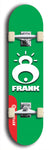 Limited edition, North American maple skateboard deck designed by underground artist BellyRash -- available in widths 7.5 to 8.5 inches in both mellow concave and steep concave shapes. Artwork: FRANK brand popsicle-shaped skateboard deck with large white FRANK logo on blue background