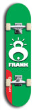 Limited edition, North American maple skateboard deck designed by underground artist BellyRash -- available in widths 7.5 to 8.5 inches in both mellow concave and steep concave shapes. Artwork: FRANK brand popsicle-shaped skateboard deck with large white FRANK logo on blue background