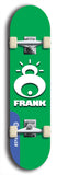 Limited edition, North American maple skateboard deck designed by underground artist BellyRash -- available in widths 7.5 to 8.5 inches in both mellow concave and steep concave shapes. Artwork: FRANK brand popsicle-shaped skateboard deck with large white FRANK logo on blue background