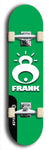 Limited edition, North American maple skateboard deck designed by underground artist BellyRash -- available in widths 7.5 to 8.5 inches in both mellow concave and steep concave shapes. Artwork: FRANK brand popsicle-shaped skateboard deck with large white FRANK logo on blue background