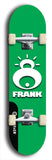 Limited edition, North American maple skateboard deck designed by underground artist BellyRash -- available in widths 7.5 to 8.5 inches in both mellow concave and steep concave shapes. Artwork: FRANK brand popsicle-shaped skateboard deck with large white FRANK logo on blue background