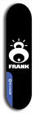 Limited edition, North American maple skateboard deck designed by underground artist BellyRash -- available in widths 7.5 to 8.5 inches in both mellow concave and steep concave shapes. Artwork: FRANK brand popsicle-shaped skateboard deck with large white FRANK logo on blue background