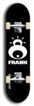 Limited edition, North American maple skateboard deck designed by underground artist BellyRash -- available in widths 7.5 to 8.5 inches in both mellow concave and steep concave shapes. Artwork: FRANK brand popsicle-shaped skateboard deck with large white FRANK logo on blue background