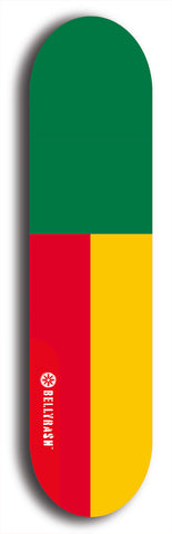 North American maple skateboard deck designed by underground artist BellyRash -- available in widths between 7.5 to 8.5 inches in both mellow concave and steep concave shapes. Artwork : 	Benin	flag skateboard deck																				