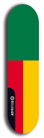 North American maple skateboard deck designed by underground artist BellyRash -- available in widths between 7.5 to 8.5 inches in both mellow concave and steep concave shapes. Artwork : 	Benin	flag skateboard deck																				
